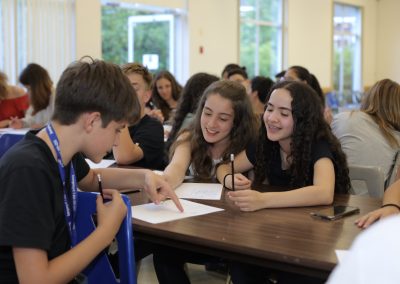 A group of students sit at a table in a classroom, collaborating and writing on paper with pencils.