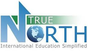 Logo for "True North International Education Simplified," featuring a large blue "N" with an upward arrow and a globe inside the letter "O.