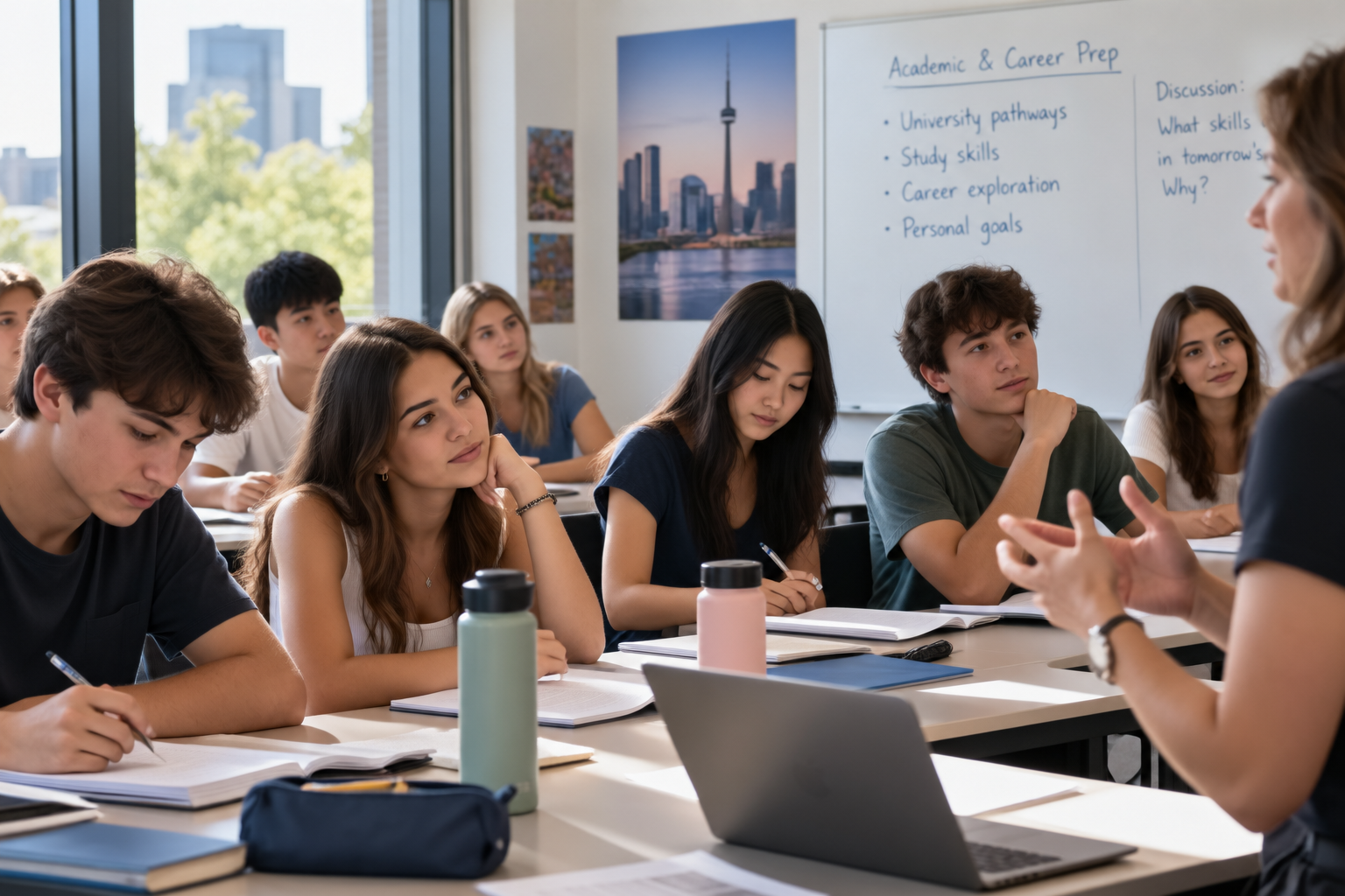 A teacher instructs a classroom of students seated at desks with notebooks and laptops.