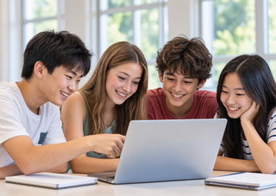 Four students smiling while looking at a laptop together.
