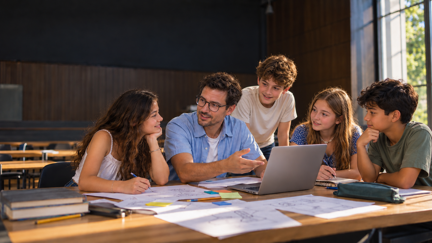 A teacher sits at a table with four students, gesturing toward a laptop while they review documents.