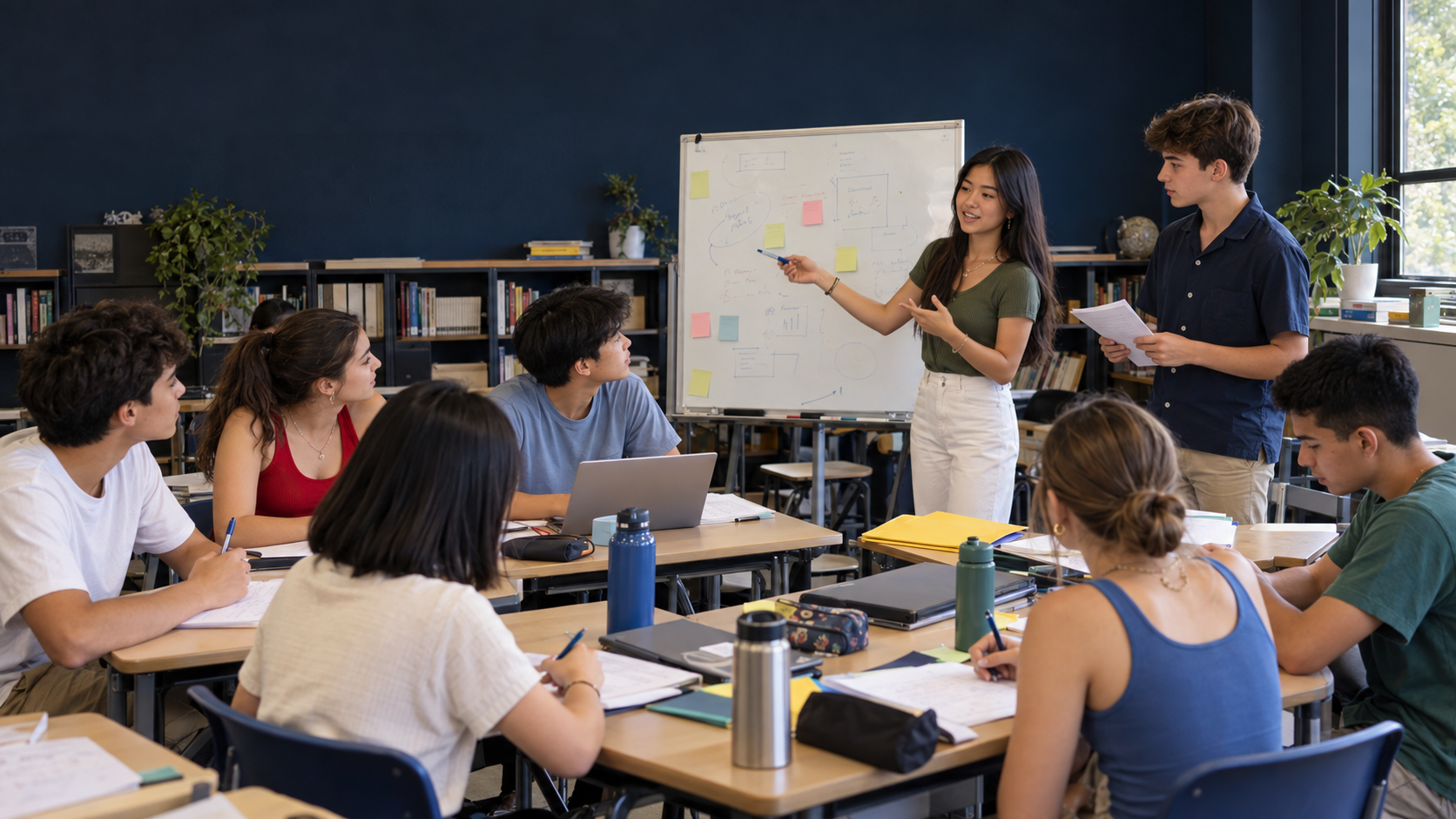 A student stands by a whiteboard explaining a diagram to a group of classmates sitting at desks.