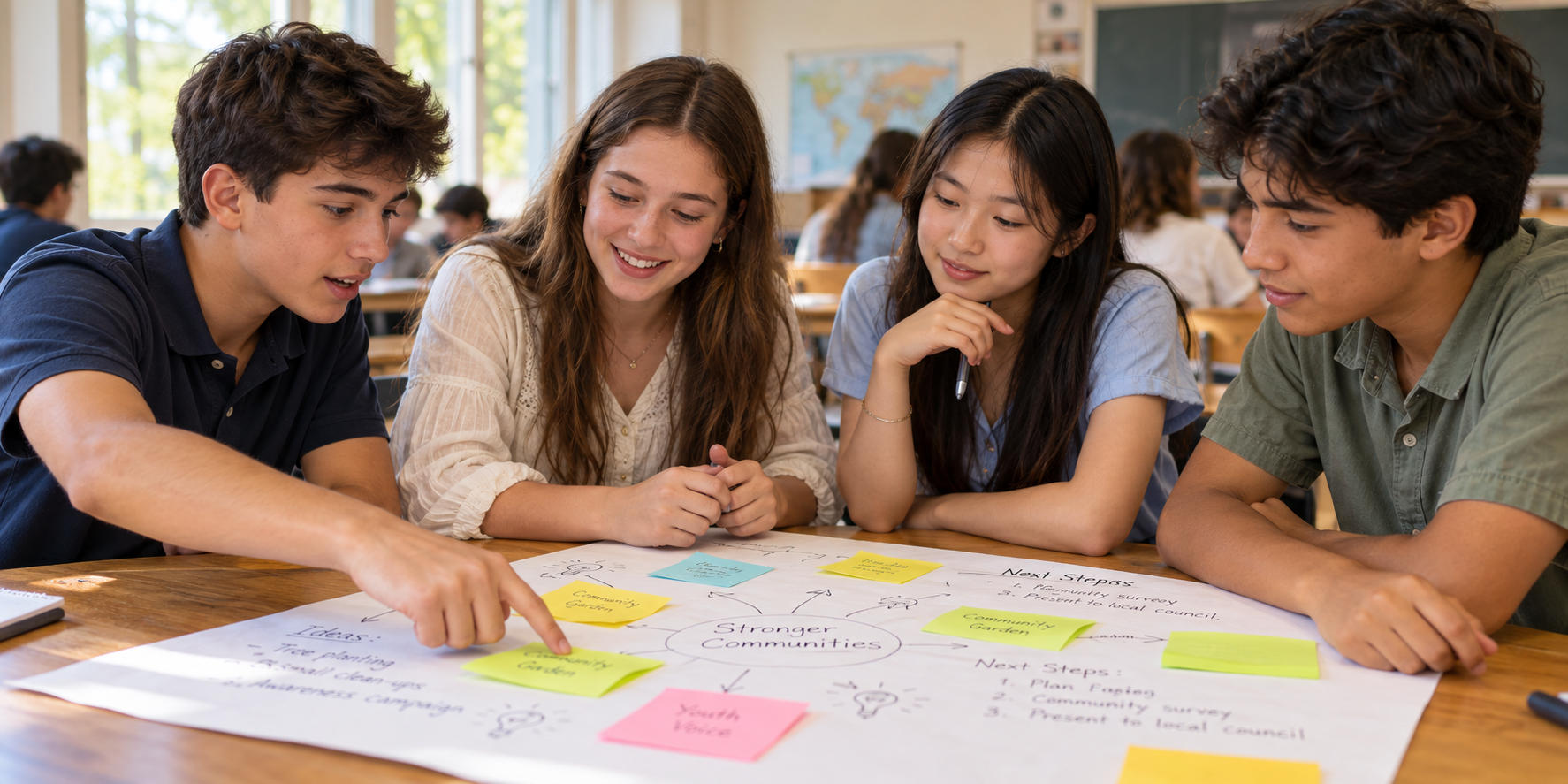Four students collaborating around a large map covered with sticky notes in a library.