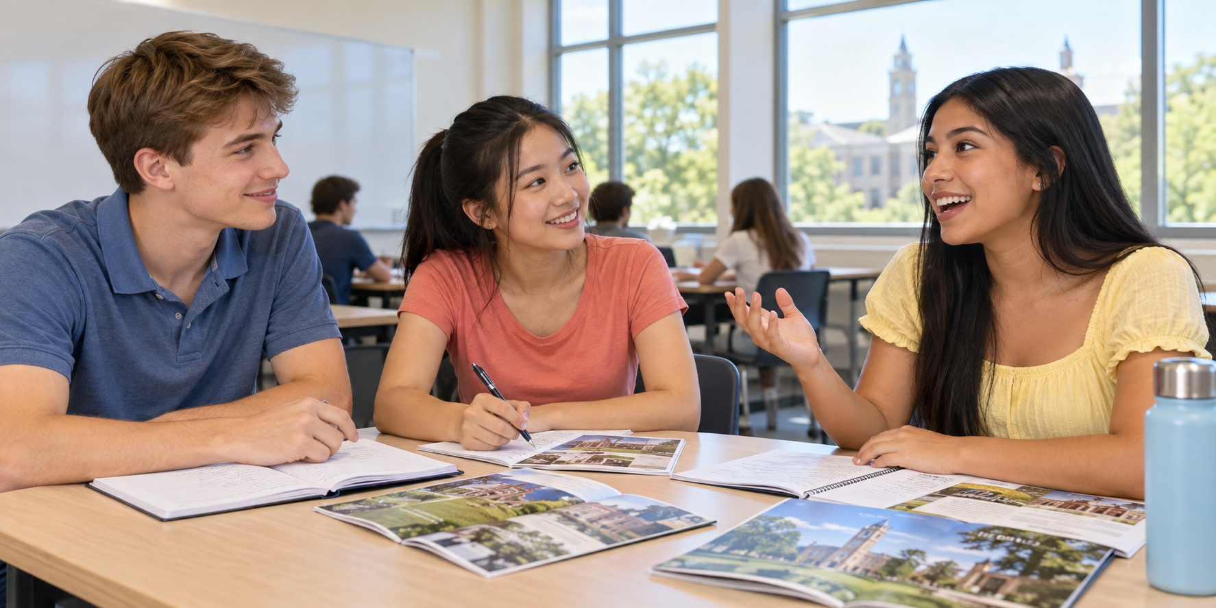 Three students sitting at a table in a classroom with brochures, talking and smiling.