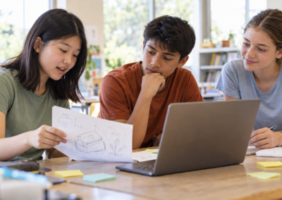 Three students sitting at a table with a laptop and a piece of paper with a hand-drawn sketch.