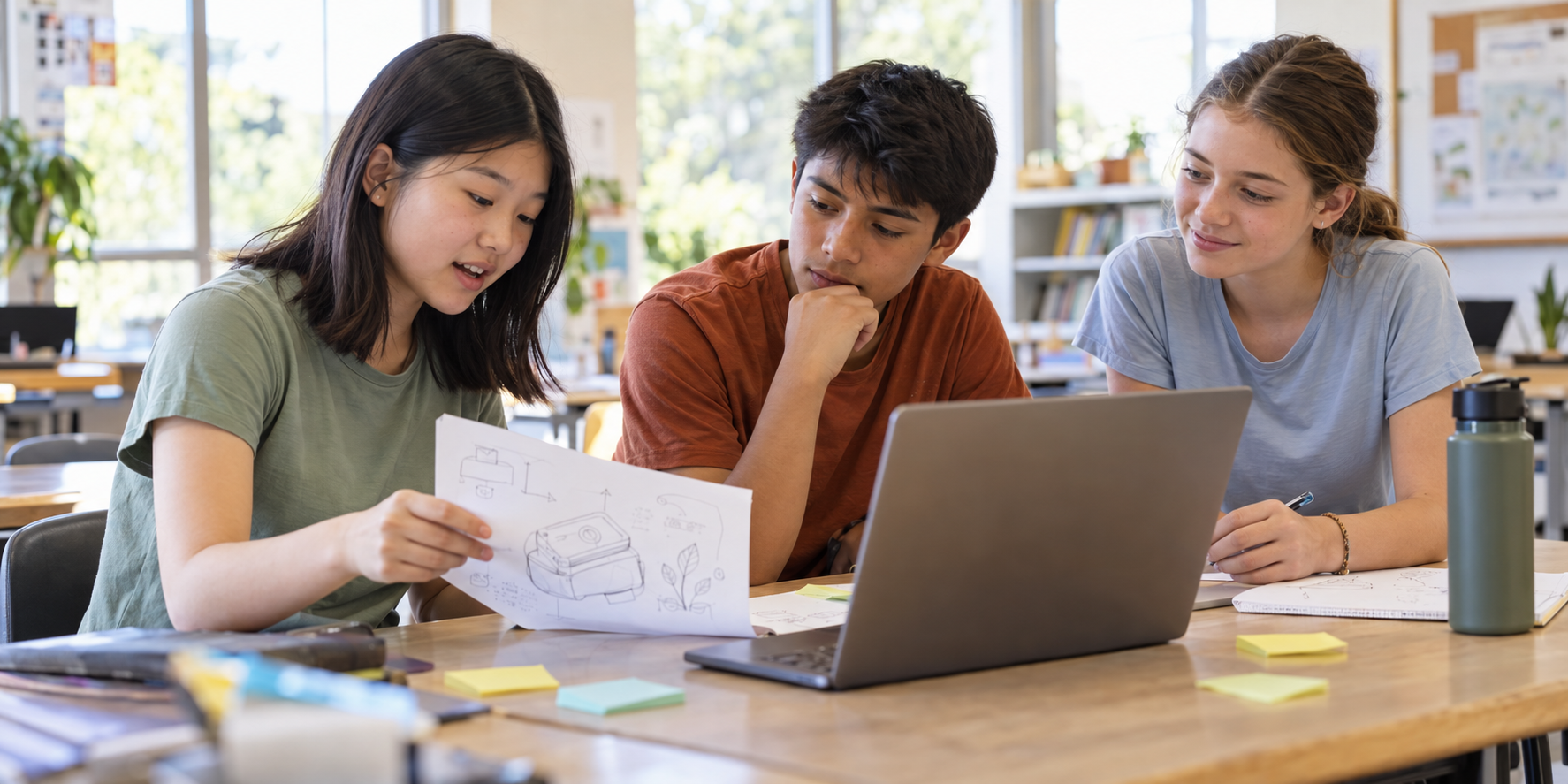 Three students sitting at a table with a laptop and a piece of paper with a hand-drawn sketch.